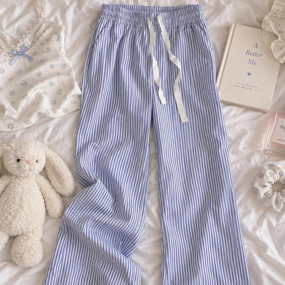 Blue and white striped pants  Casual, simple elastic waist summer pants